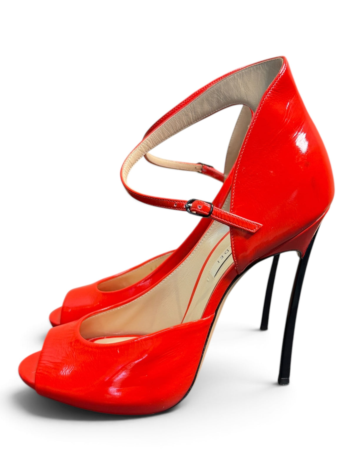 Casadei Red Patent Leather Ankle Strap Peep Toe Pumps. Size 39
