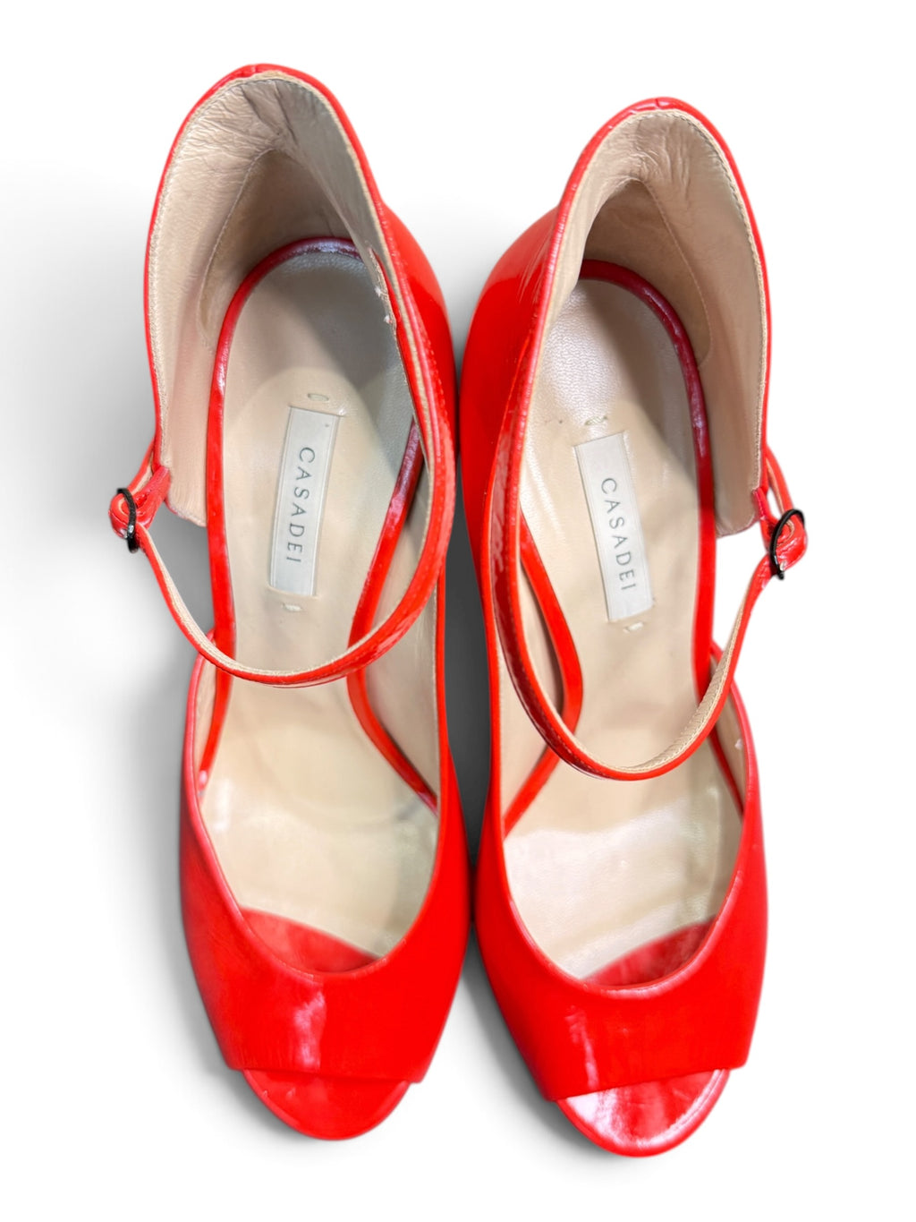 Casadei Red Patent Leather Ankle Strap Peep Toe Pumps. Size 39