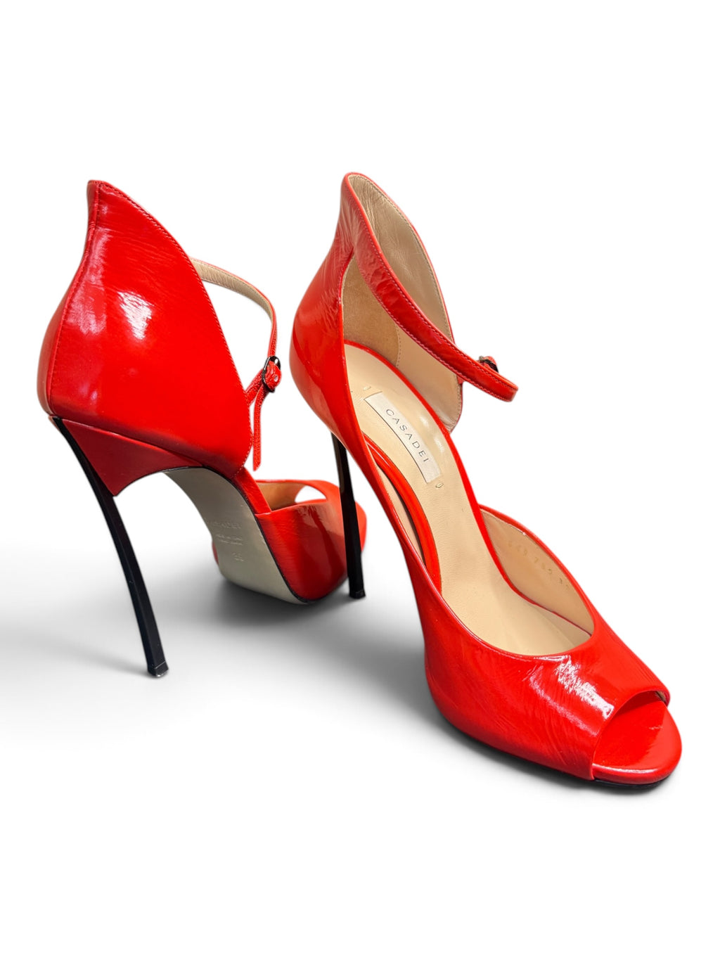 Casadei Red Patent Leather Ankle Strap Peep Toe Pumps. Size 39