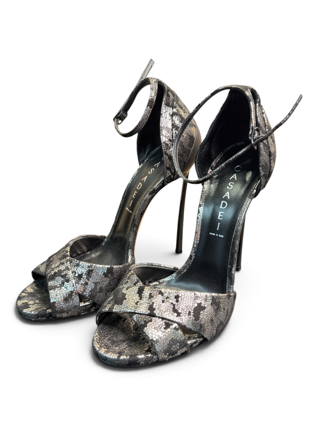 Casadei Metallic Snakeskin-Effect Ankle Strap Sandals