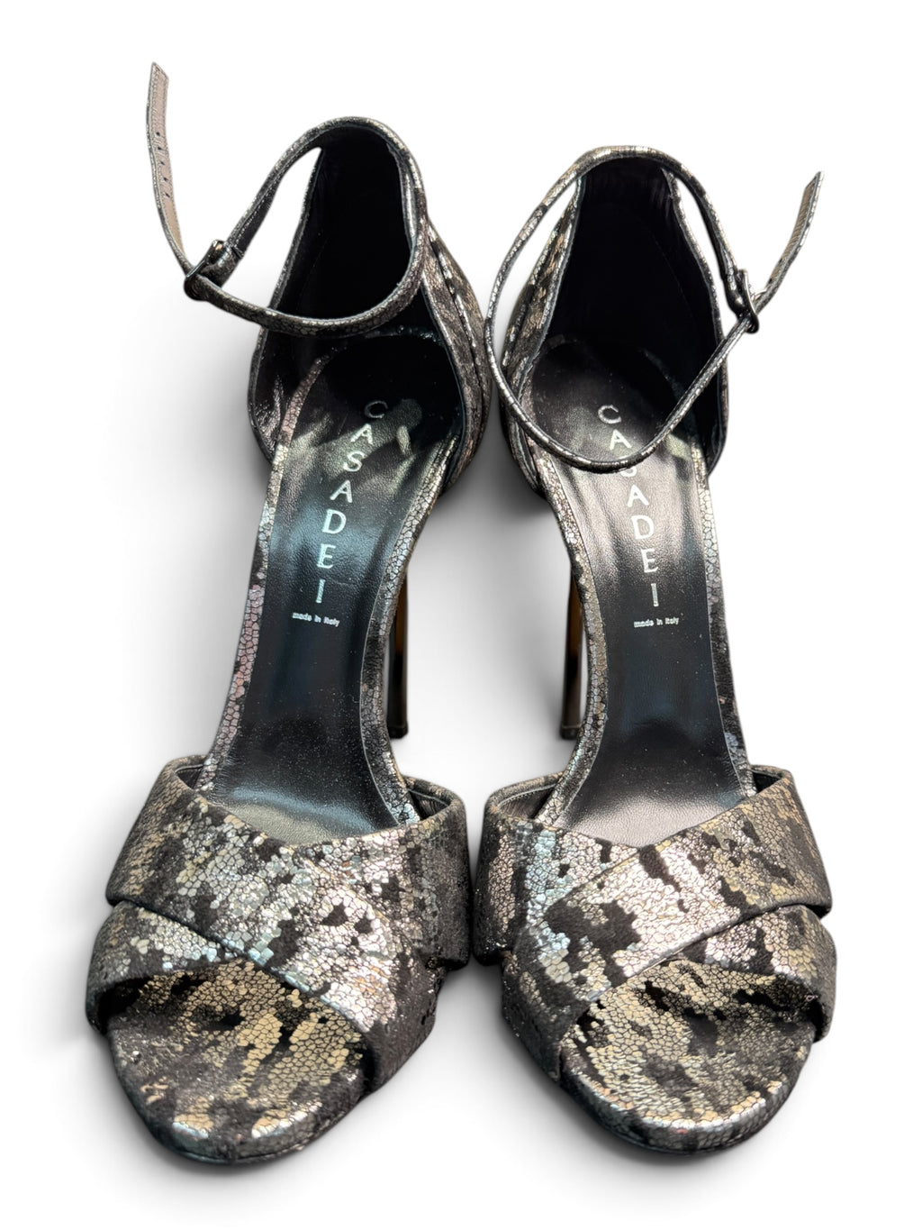 Casadei Metallic Snakeskin-Effect Ankle Strap Sandals