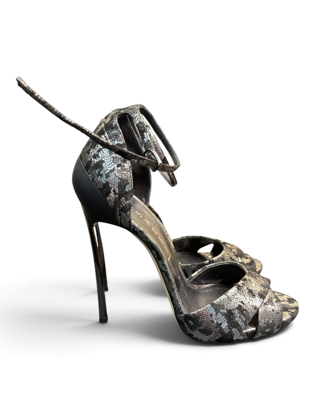 Casadei Metallic Snakeskin-Effect Ankle Strap Sandals