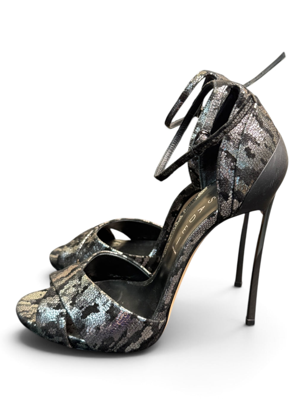 Casadei Metallic Snakeskin-Effect Ankle Strap Sandals