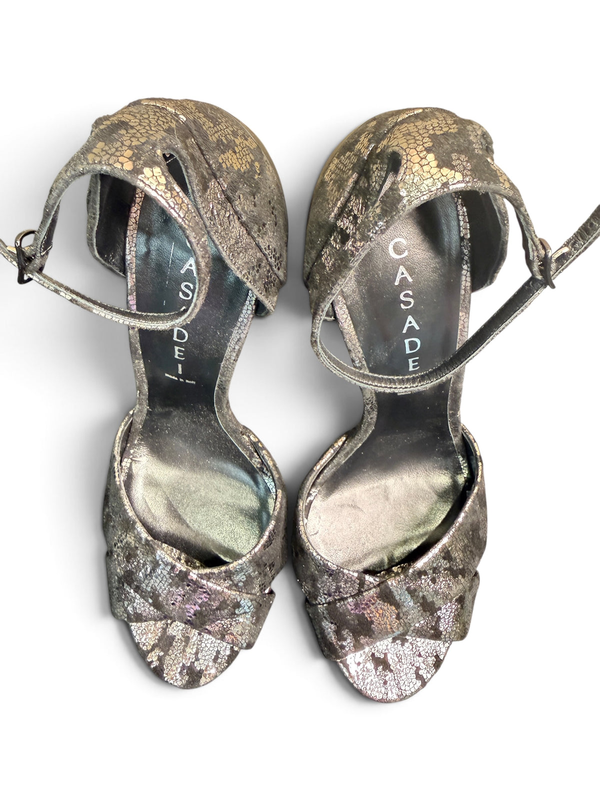 Casadei Metallic Snakeskin-Effect Ankle Strap Sandals