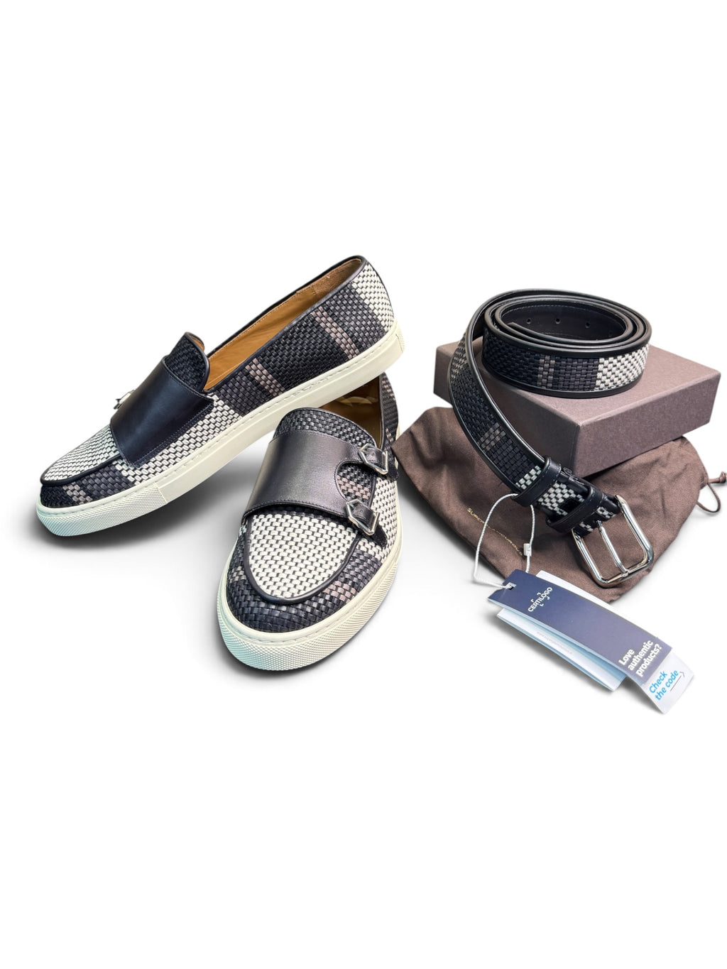 Superglamourous Men's Woven Leather Double Monk Loafers & Matching Belt Set