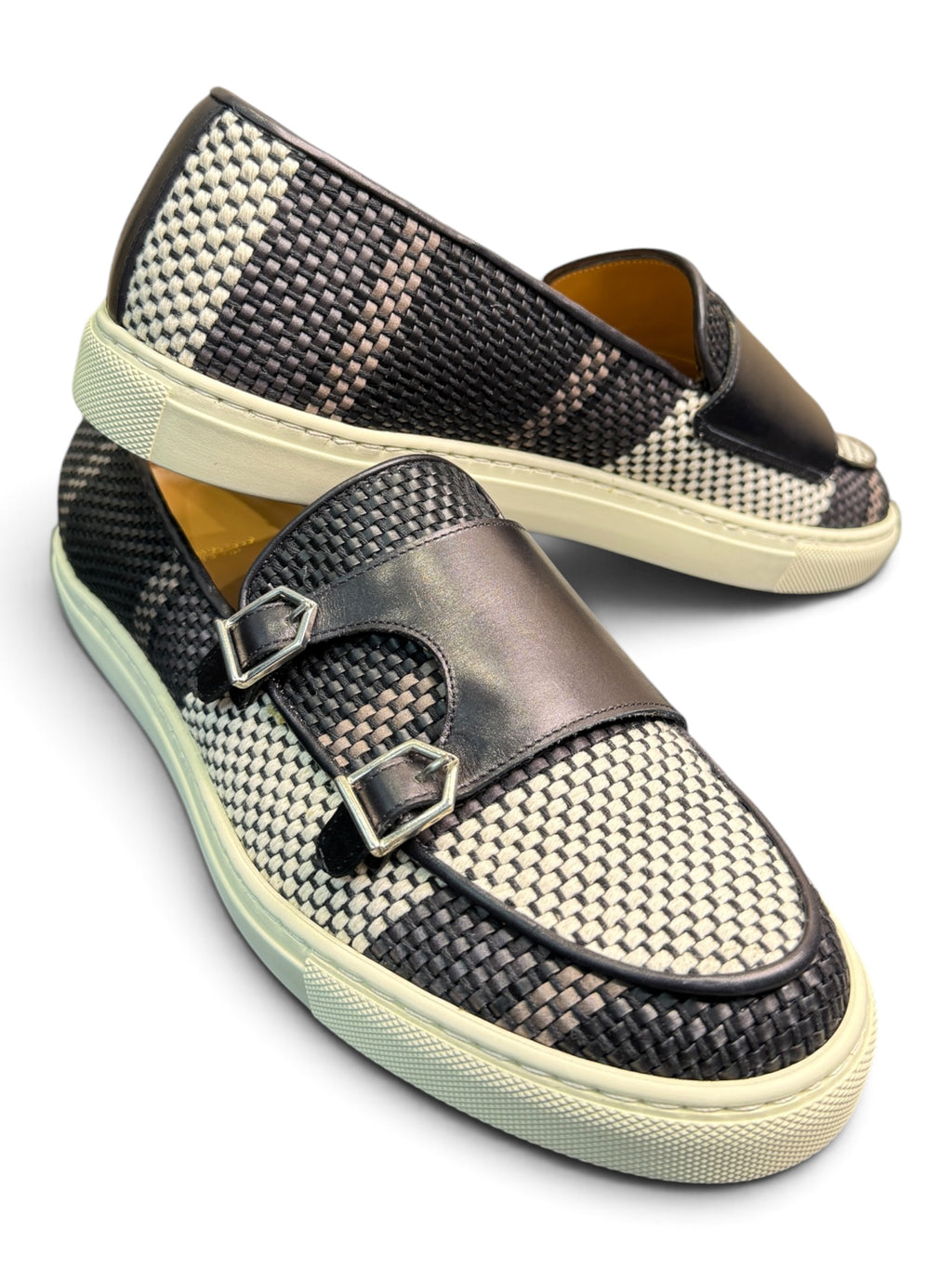 Superglamourous Men's Woven Leather Double Monk Loafers & Matching Belt Set