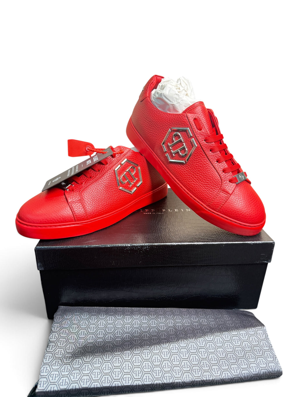 Philipp Plein Red Pebbled Leather Hexagon Logo Sneakers – Size 43