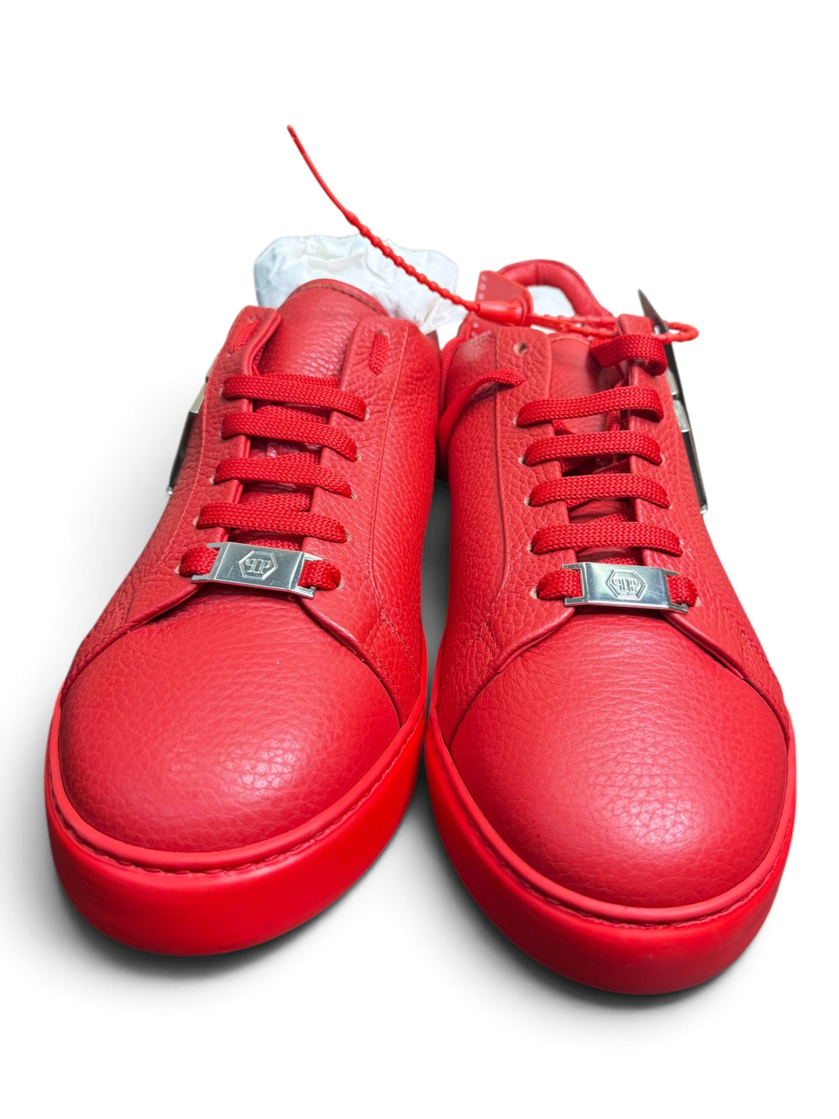 Philipp Plein Red Pebbled Leather Hexagon Logo Sneakers – Size 43