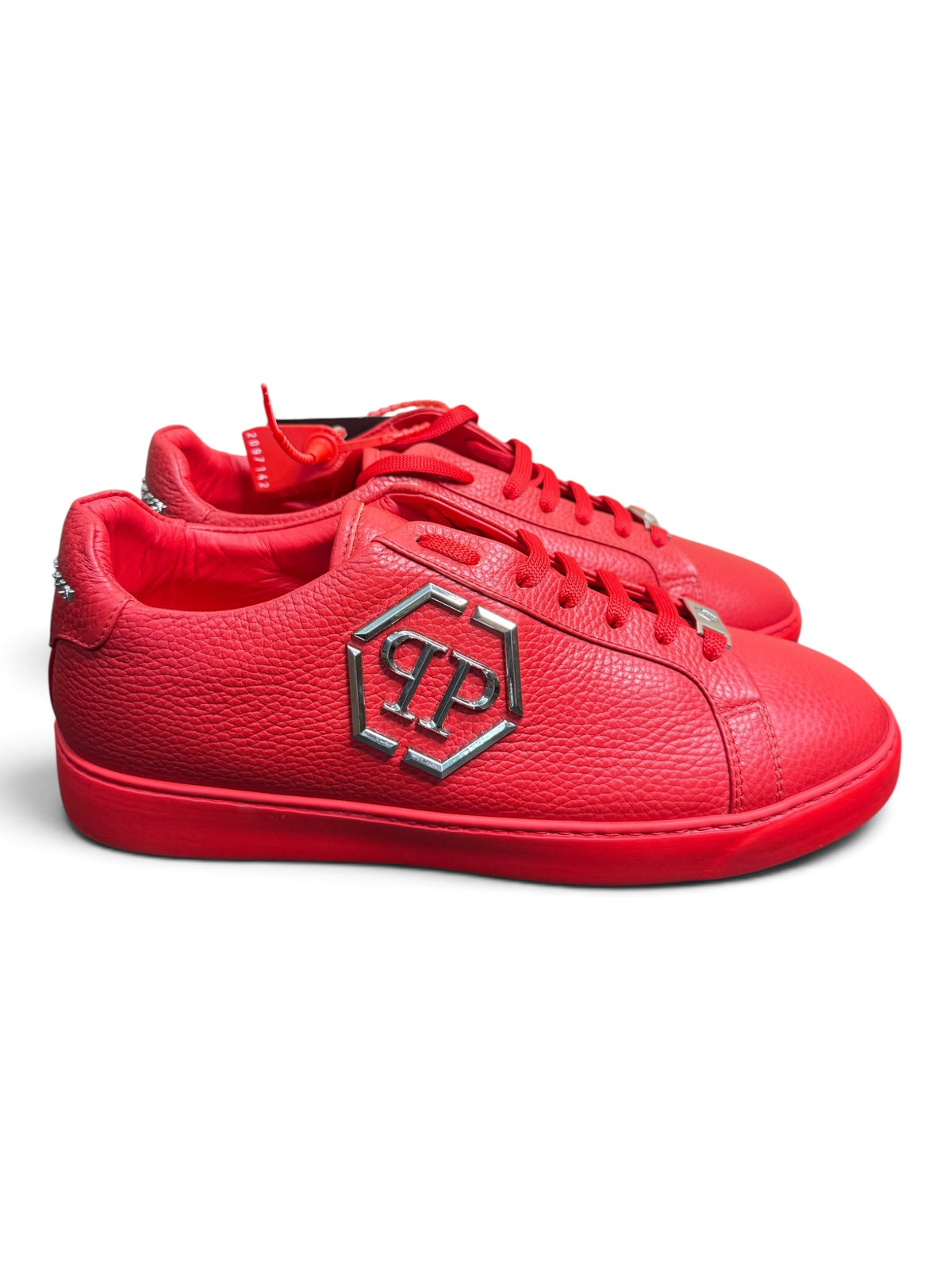 Philipp Plein Red Pebbled Leather Hexagon Logo Sneakers – Size 43