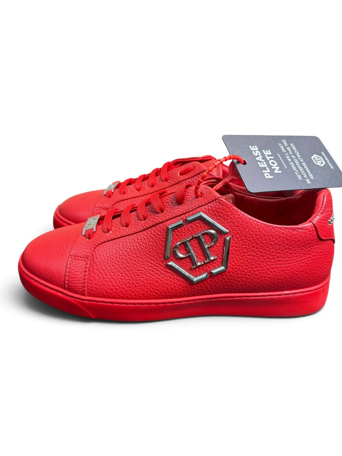 Philipp Plein Red Pebbled Leather Hexagon Logo Sneakers – Size 43