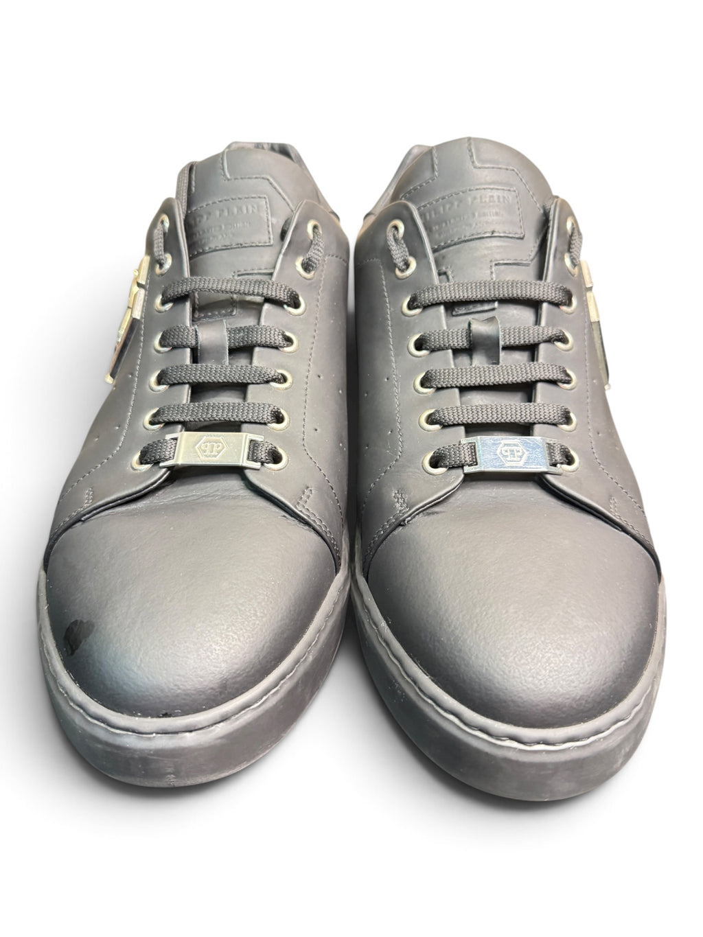 Philipp Plein Black Leather Hexagon Logo Sneakers – Size 44