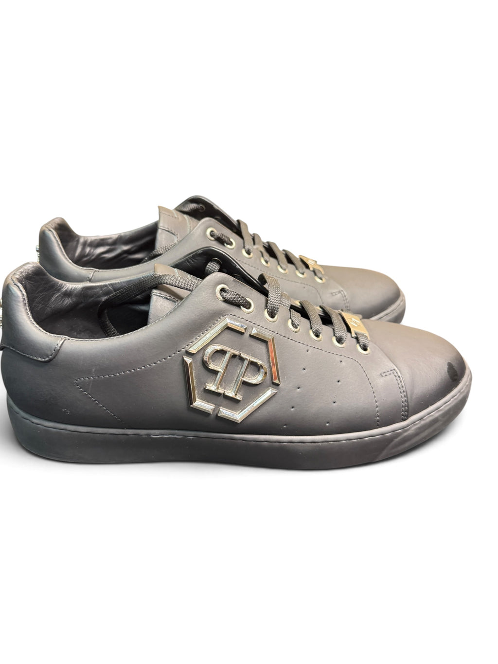 Philipp Plein Black Leather Hexagon Logo Sneakers – Size 44