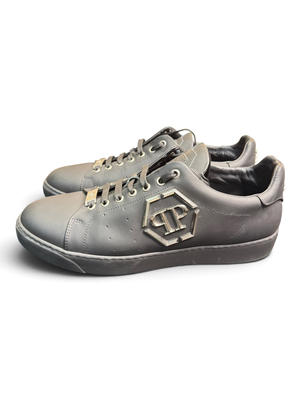 Philipp Plein Black Leather Hexagon Logo Sneakers – Size 44