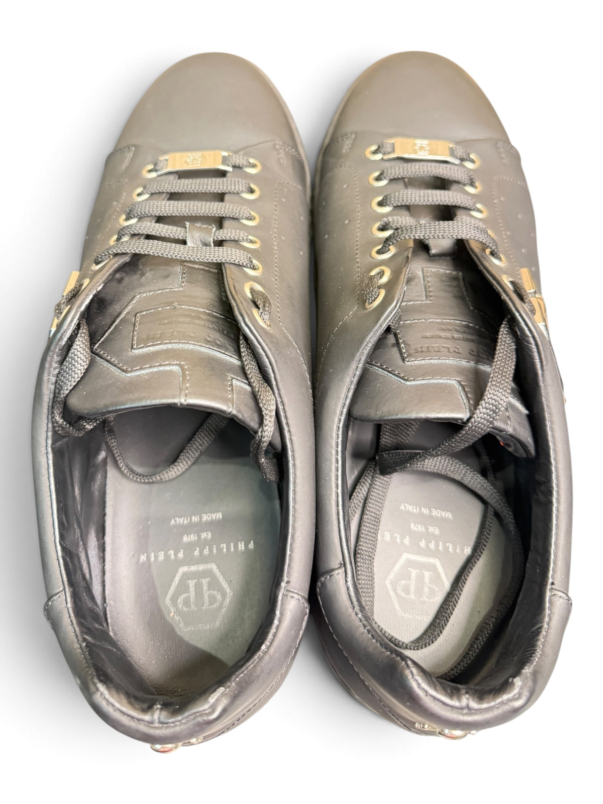 Philipp Plein Black Leather Hexagon Logo Sneakers – Size 44