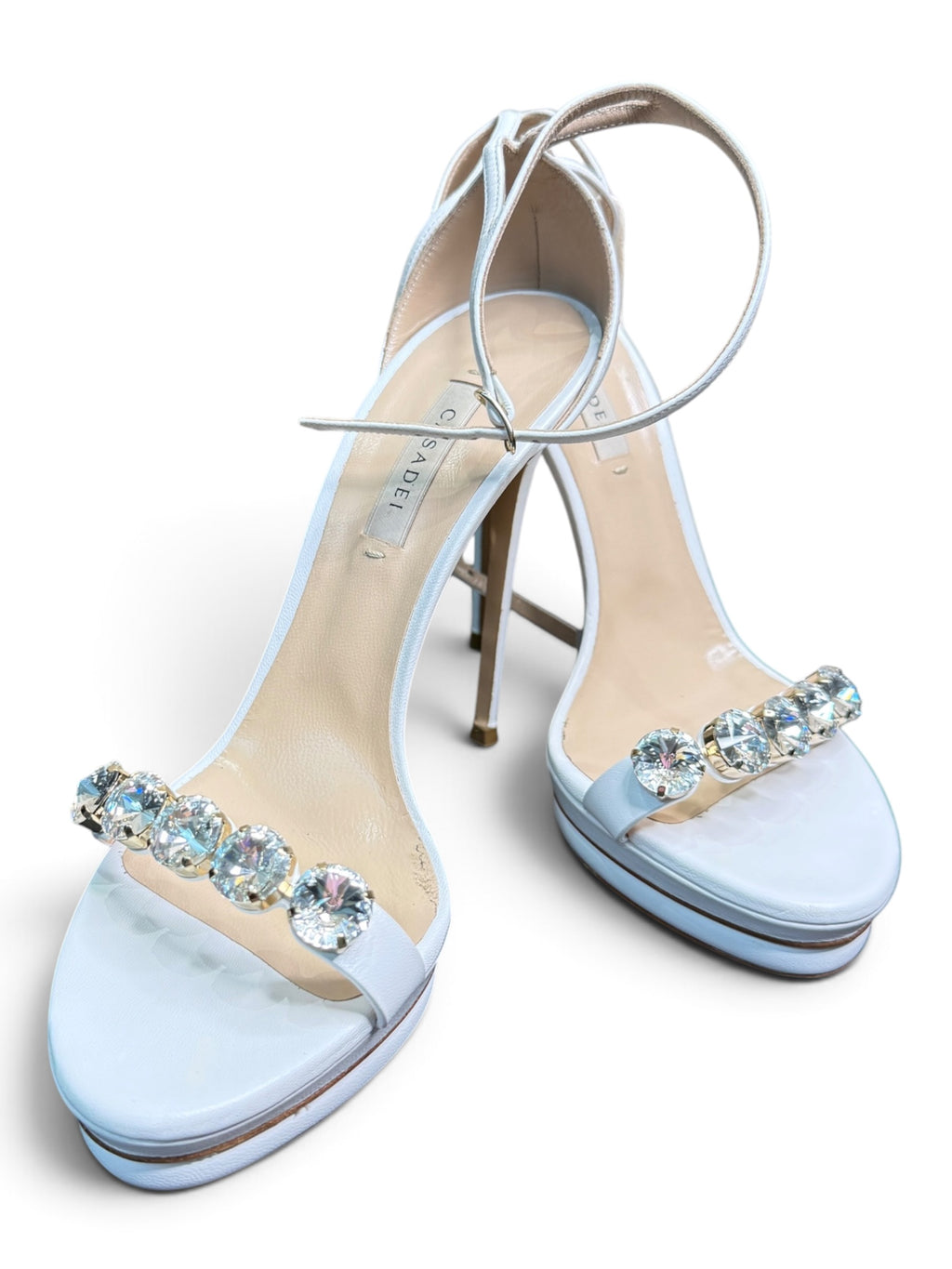Casadei White Leather Crystal Embellished Platform Sandals Size 39