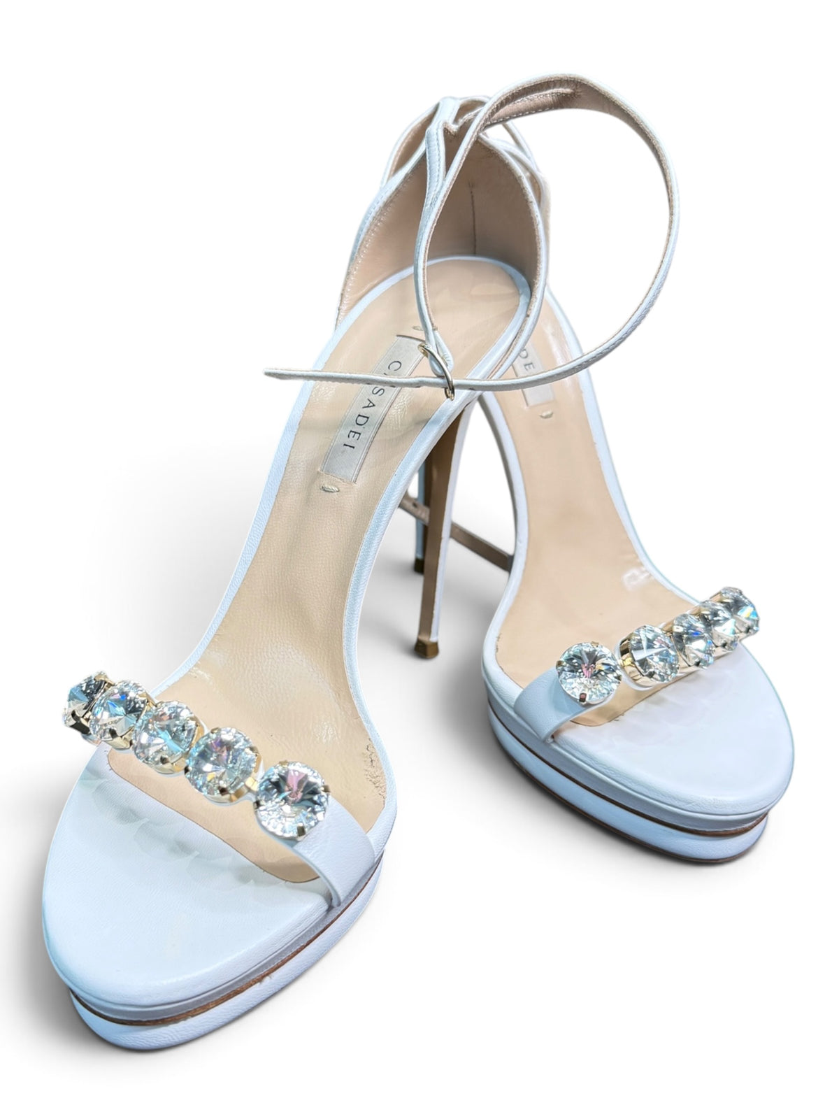 Casadei White Leather Crystal Embellished Platform Sandals Size 39