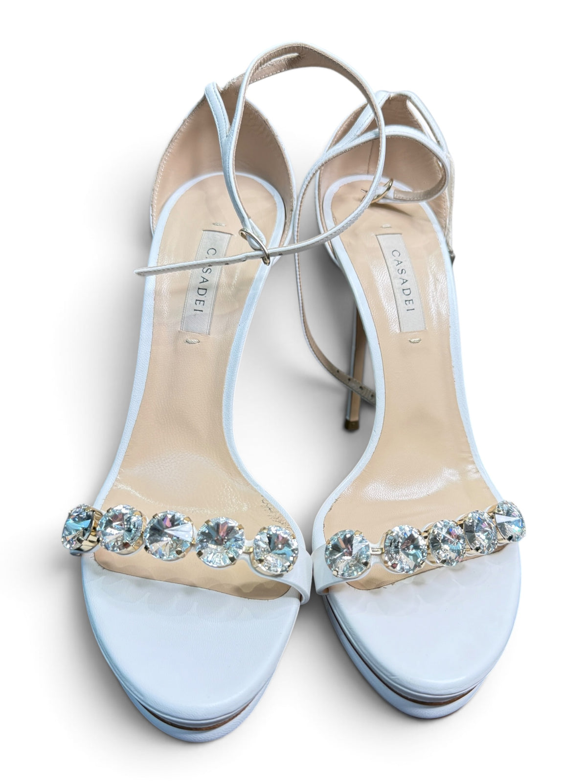 Casadei White Leather Crystal Embellished Platform Sandals Size 39