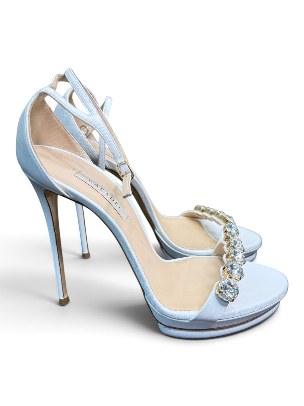 Casadei White Leather Crystal Embellished Platform Sandals Size 39