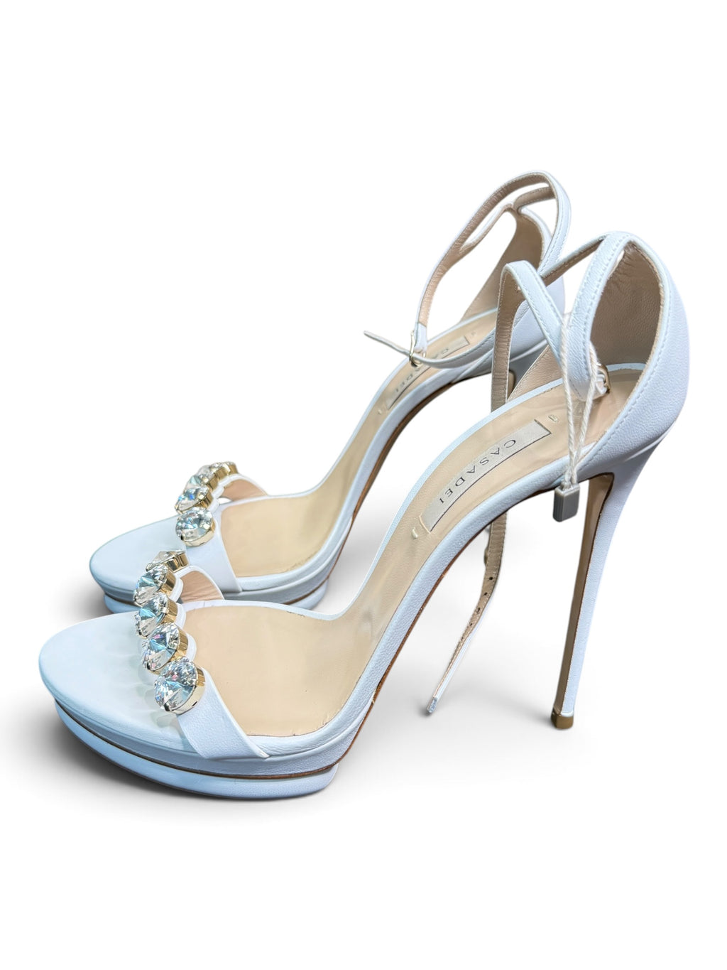 Casadei White Leather Crystal Embellished Platform Sandals Size 39