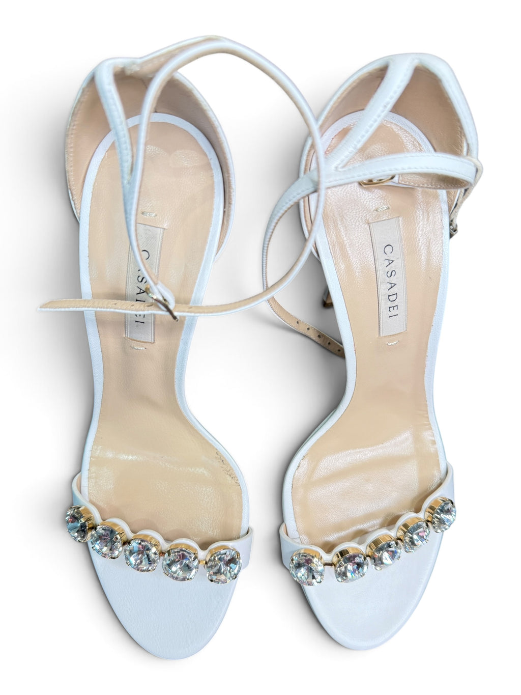 Casadei White Leather Crystal Embellished Platform Sandals Size 39