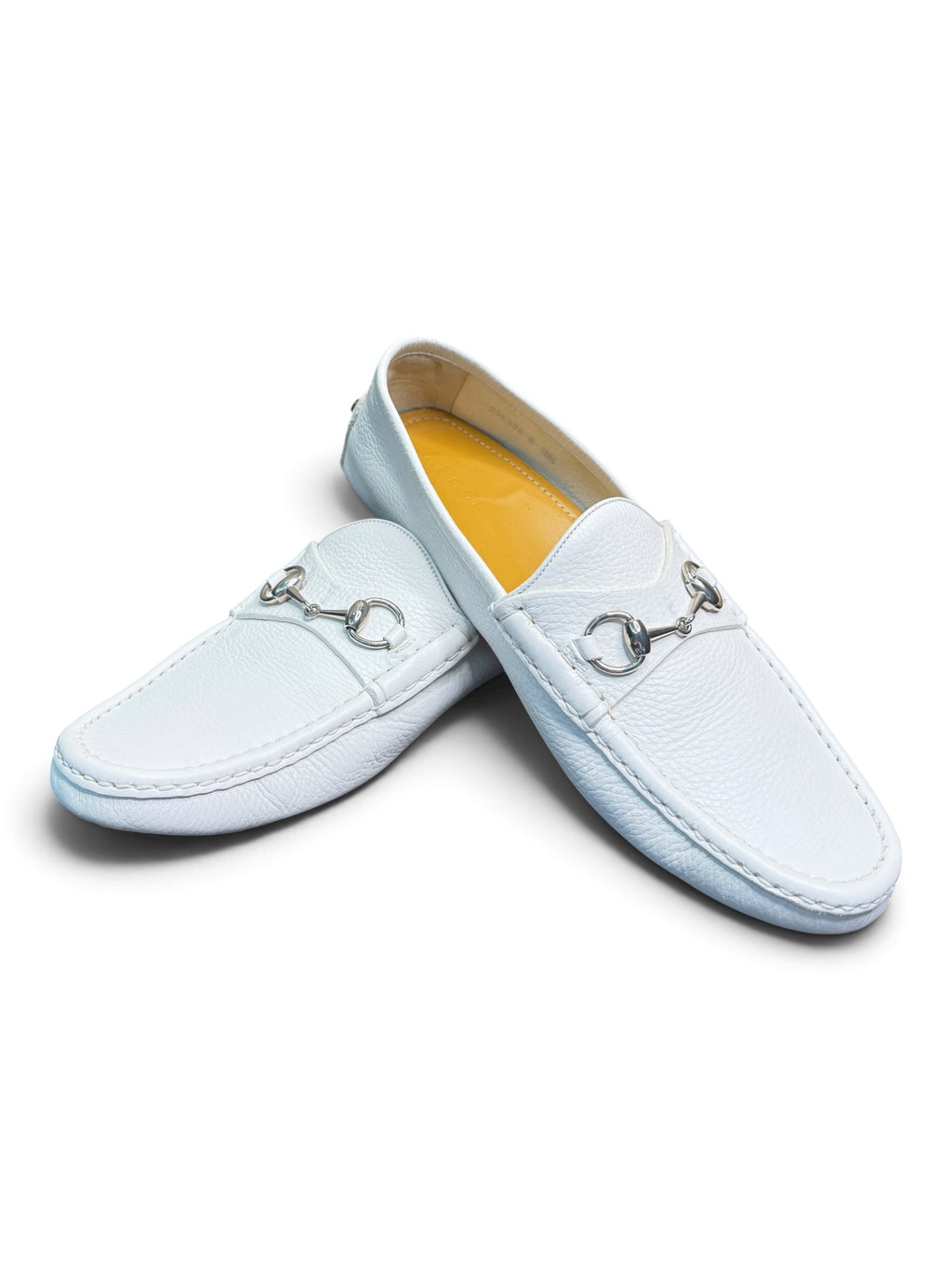 Gucci White Pebbled Leather Horsebit Driver Loafers Size 10.5