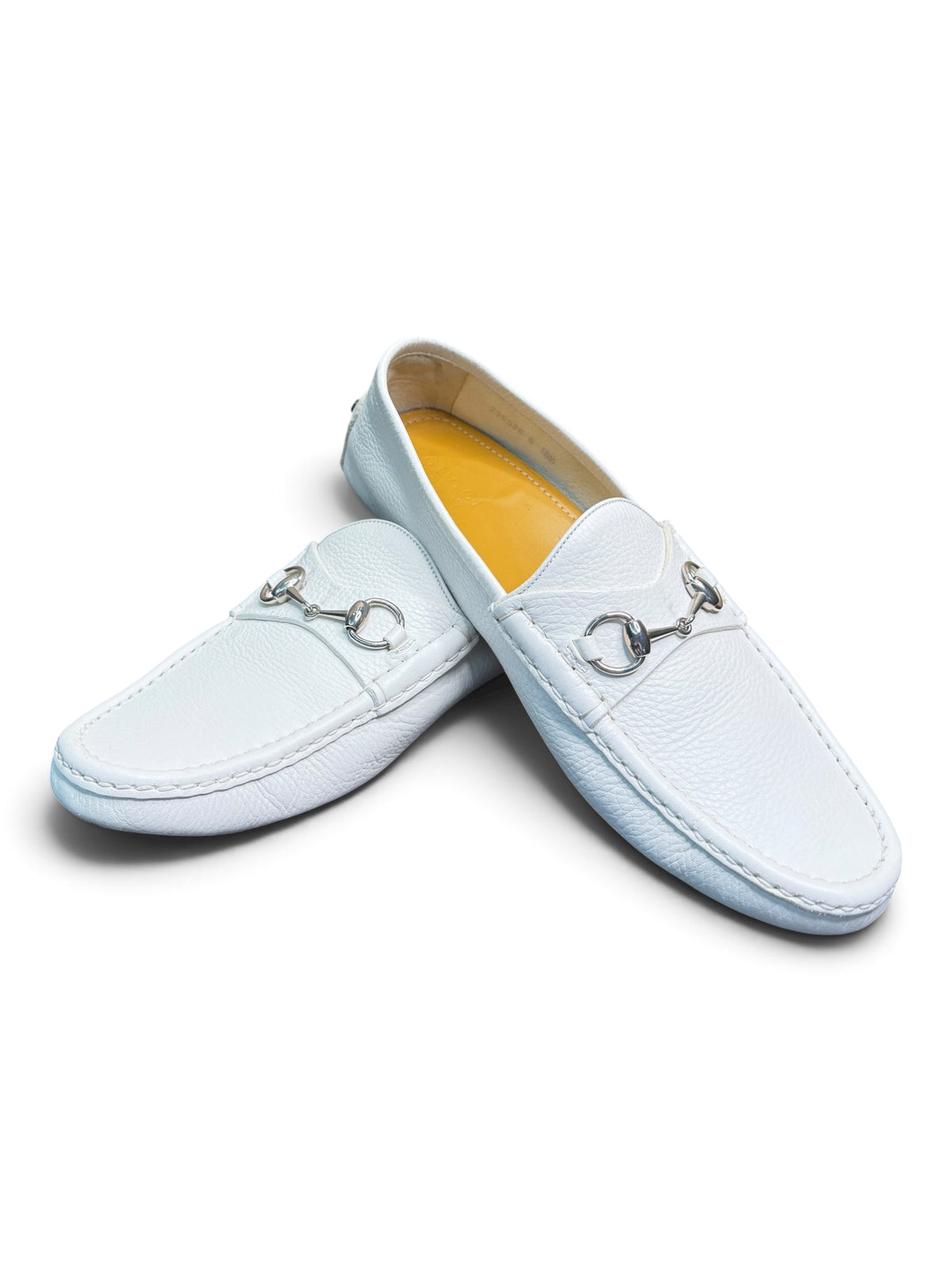 Gucci White Pebbled Leather Horsebit Driver Loafers Size 10.5