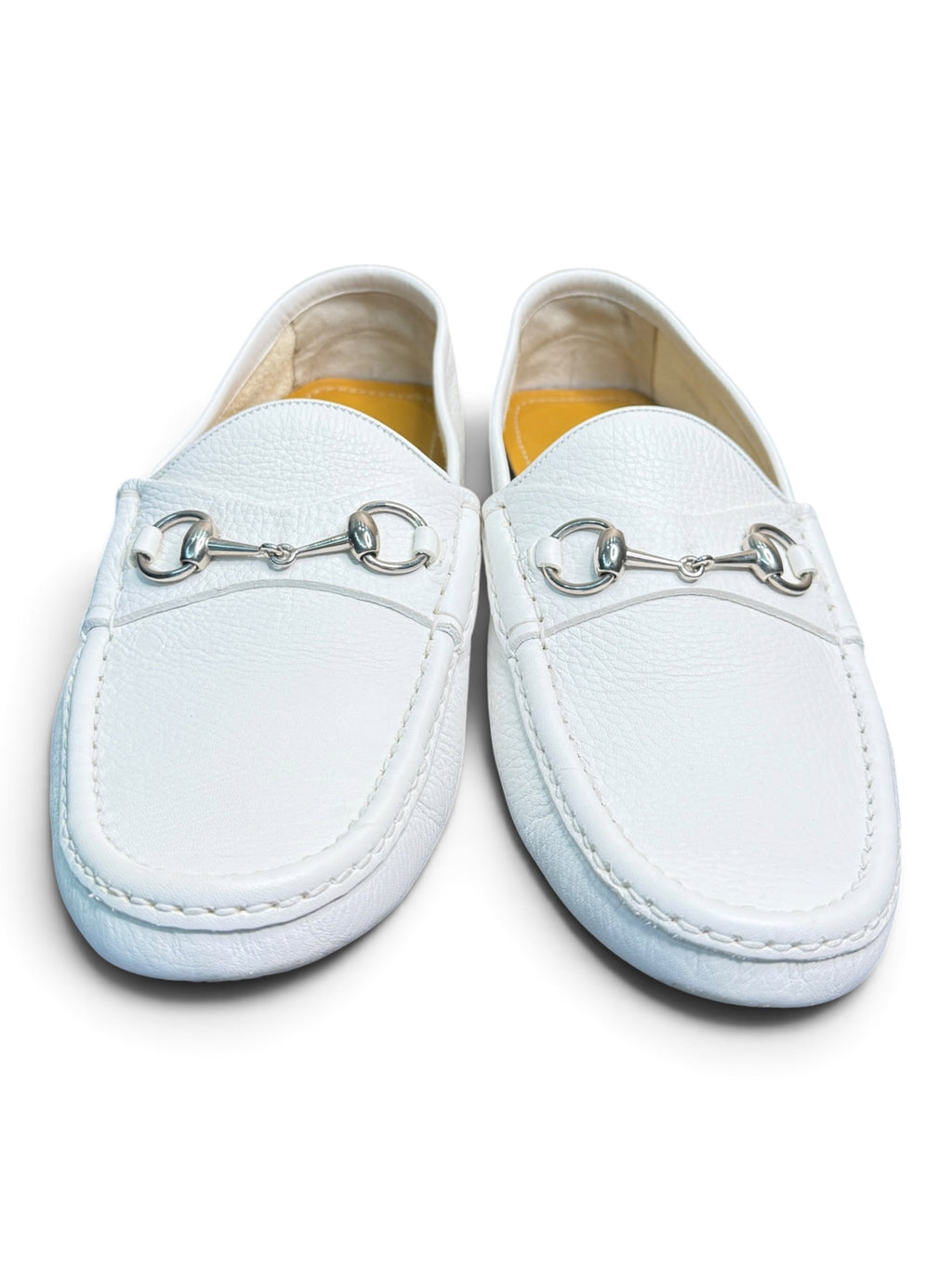 Gucci White Pebbled Leather Horsebit Driver Loafers Size 10.5