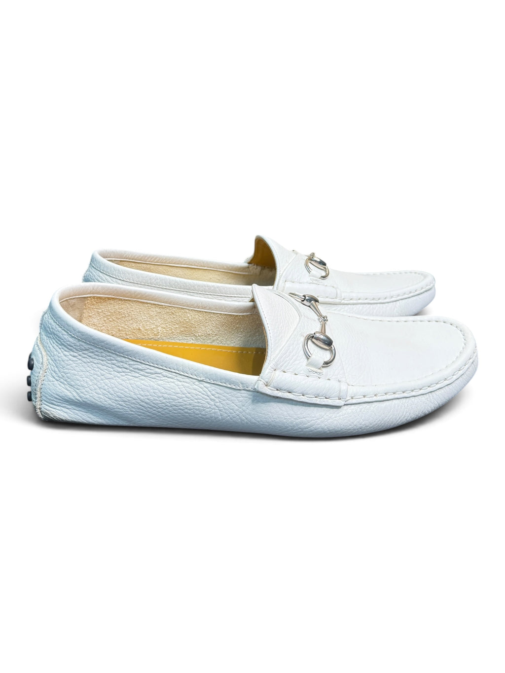 Gucci White Pebbled Leather Horsebit Driver Loafers Size 10.5