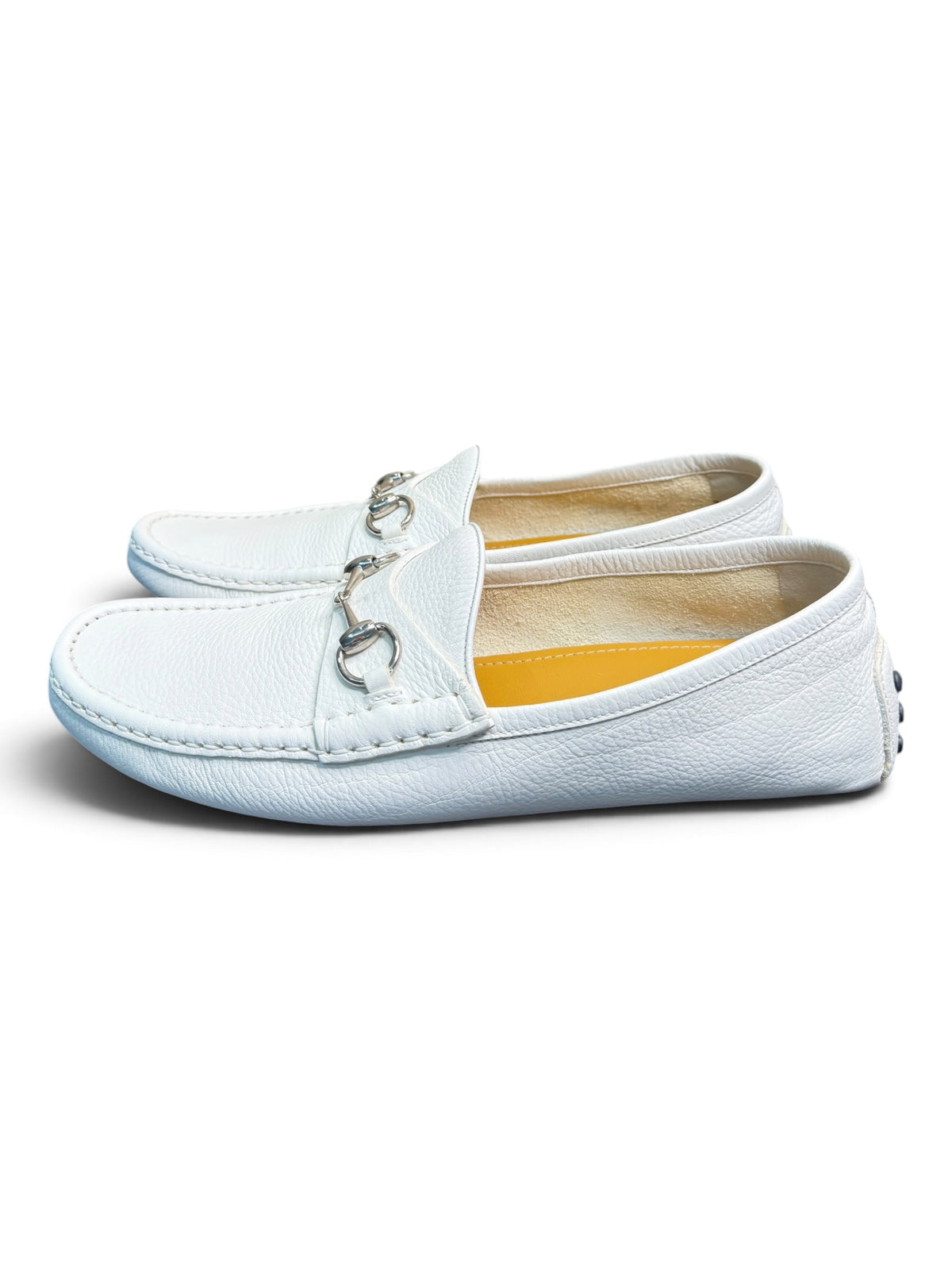 Gucci White Pebbled Leather Horsebit Driver Loafers Size 10.5