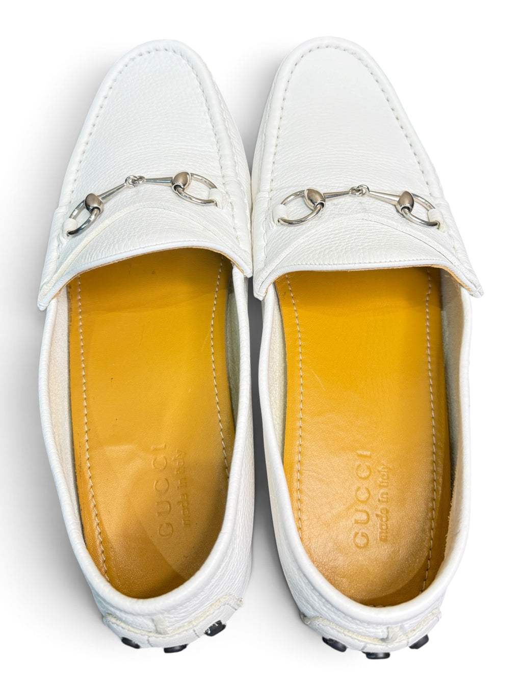 Gucci White Pebbled Leather Horsebit Driver Loafers Size 10.5