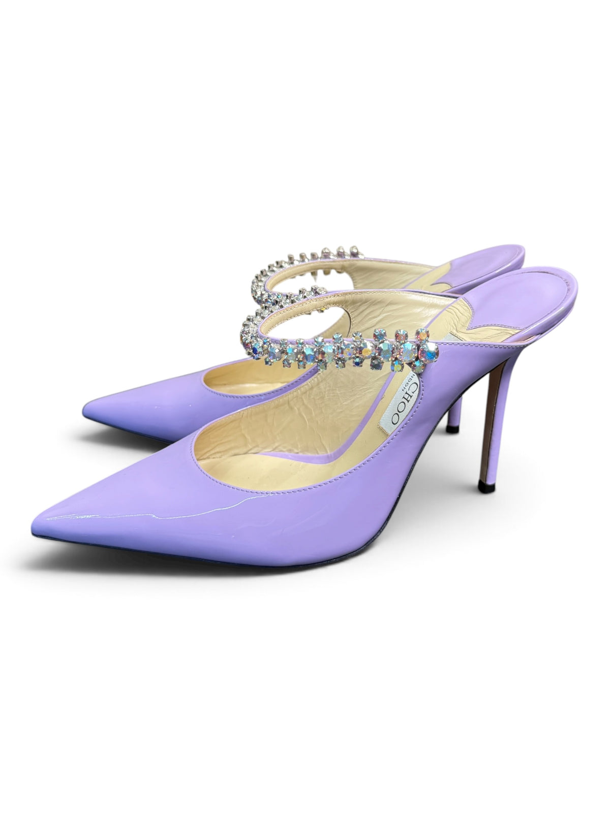 Jimmy Choo Bing Lilac Patent Leather Crystal Strap Mule Pumps Size 40