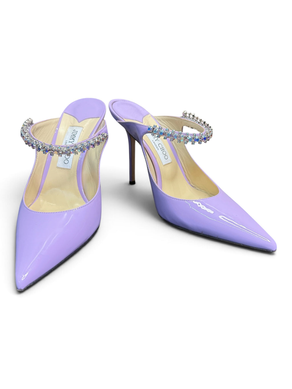 Jimmy Choo Bing Lilac Patent Leather Crystal Strap Mule Pumps Size 40