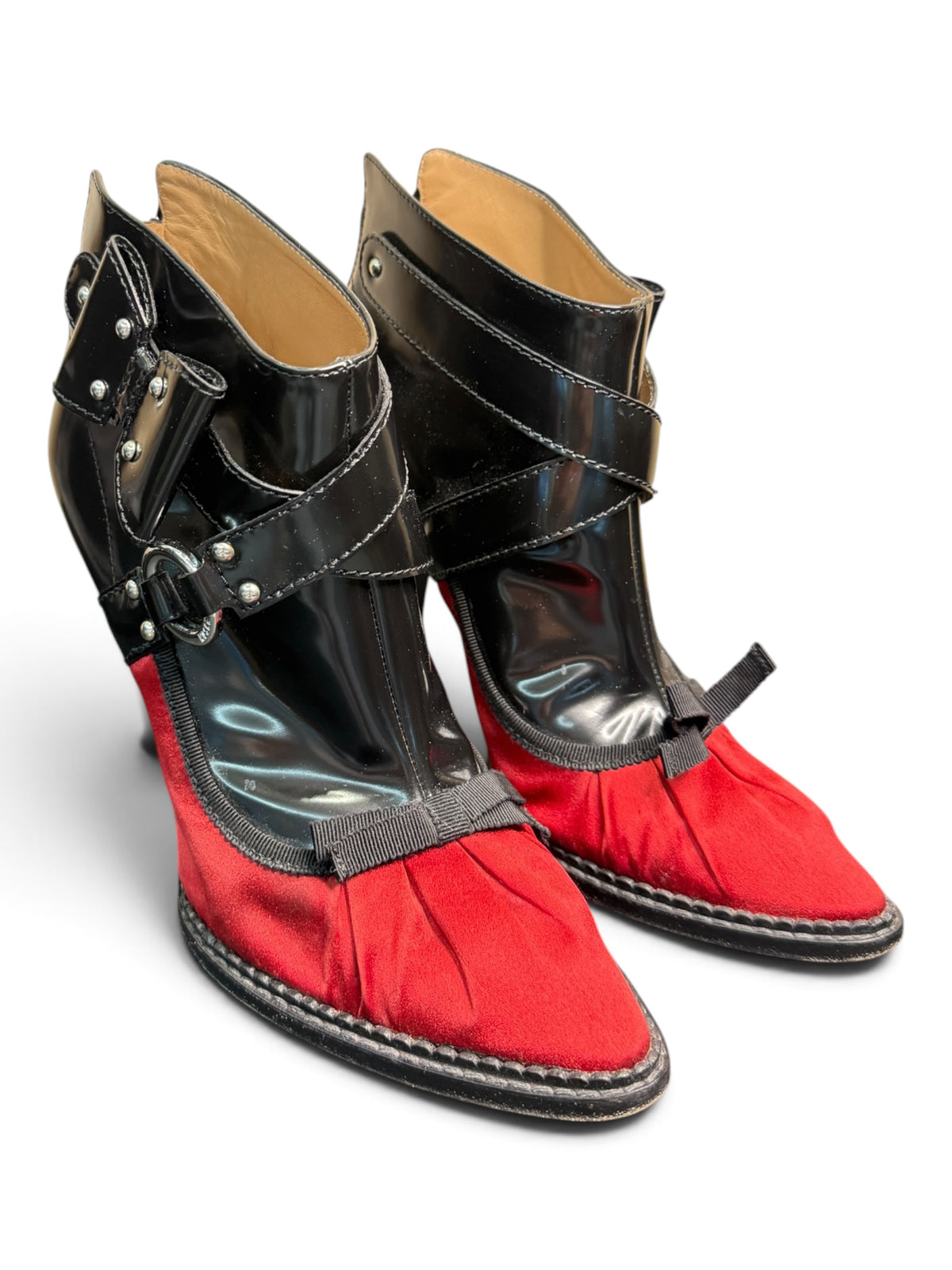 Moschino Cheap and Chic Black Patent & Red Satin Ankle Bootie Pumps Size 39