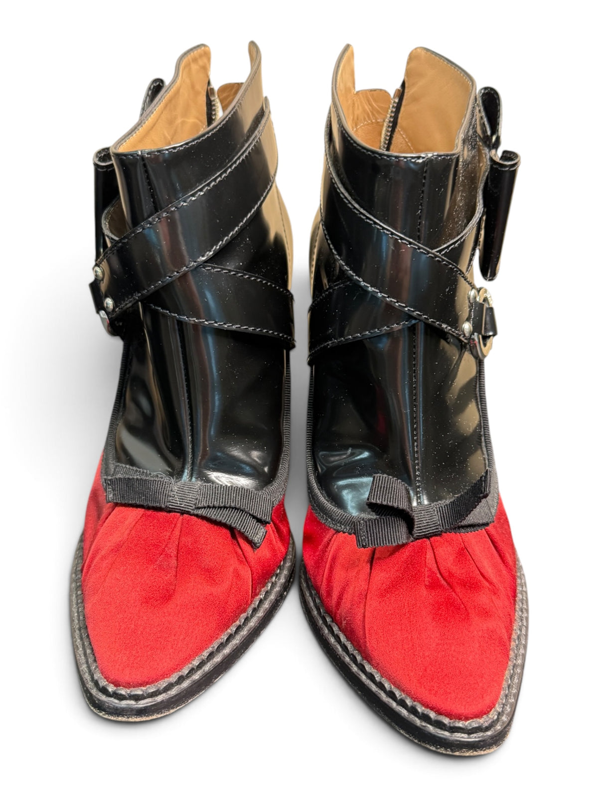 Moschino Cheap and Chic Black Patent & Red Satin Ankle Bootie Pumps Size 39