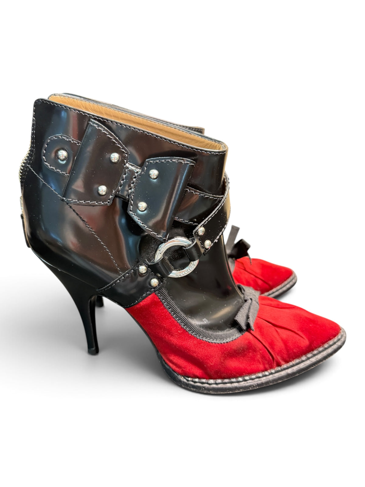 Moschino Cheap and Chic Black Patent & Red Satin Ankle Bootie Pumps Size 39