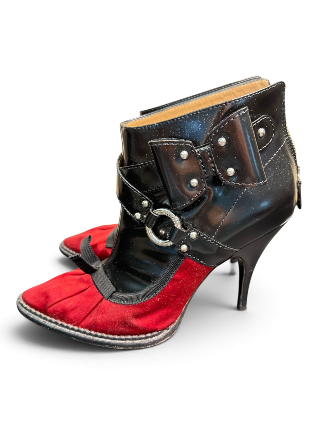 Moschino Cheap and Chic Black Patent & Red Satin Ankle Bootie Pumps Size 39