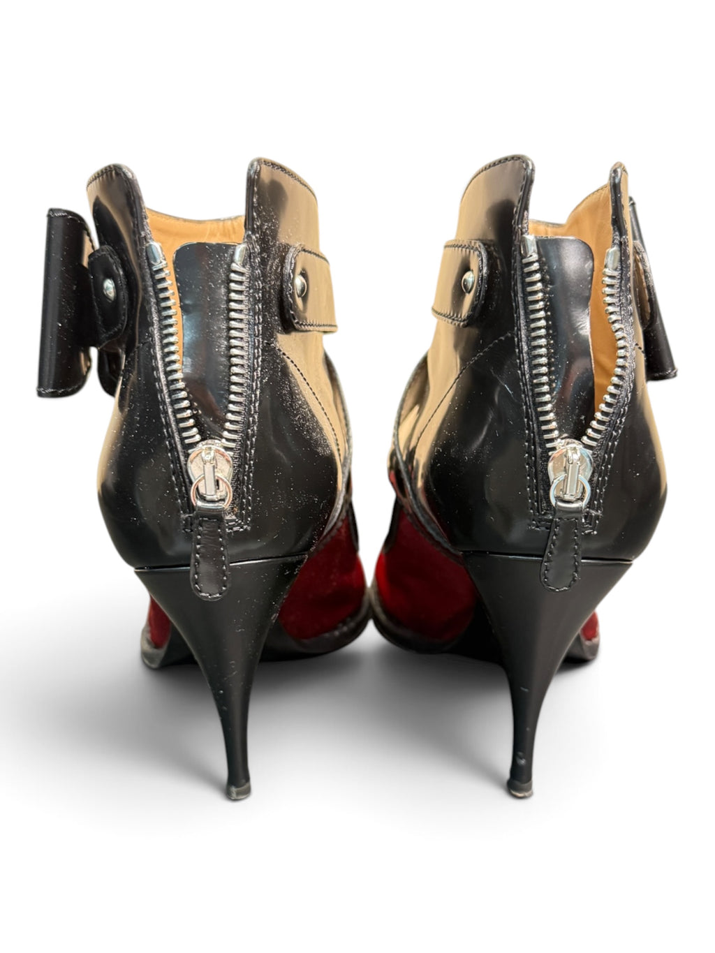 Moschino Cheap and Chic Black Patent & Red Satin Ankle Bootie Pumps Size 39