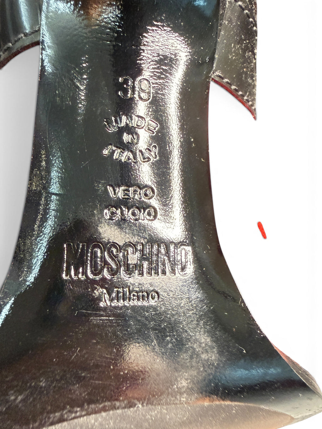 Moschino Cheap and Chic Black Patent & Red Satin Ankle Bootie Pumps Size 39