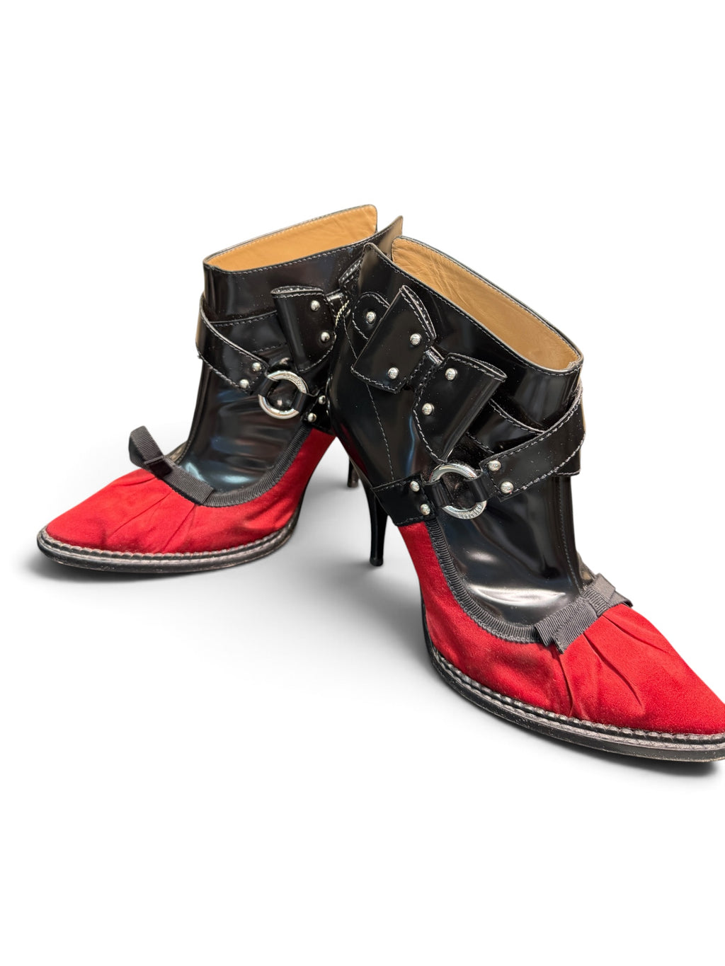 Moschino Cheap and Chic Black Patent & Red Satin Ankle Bootie Pumps Size 39