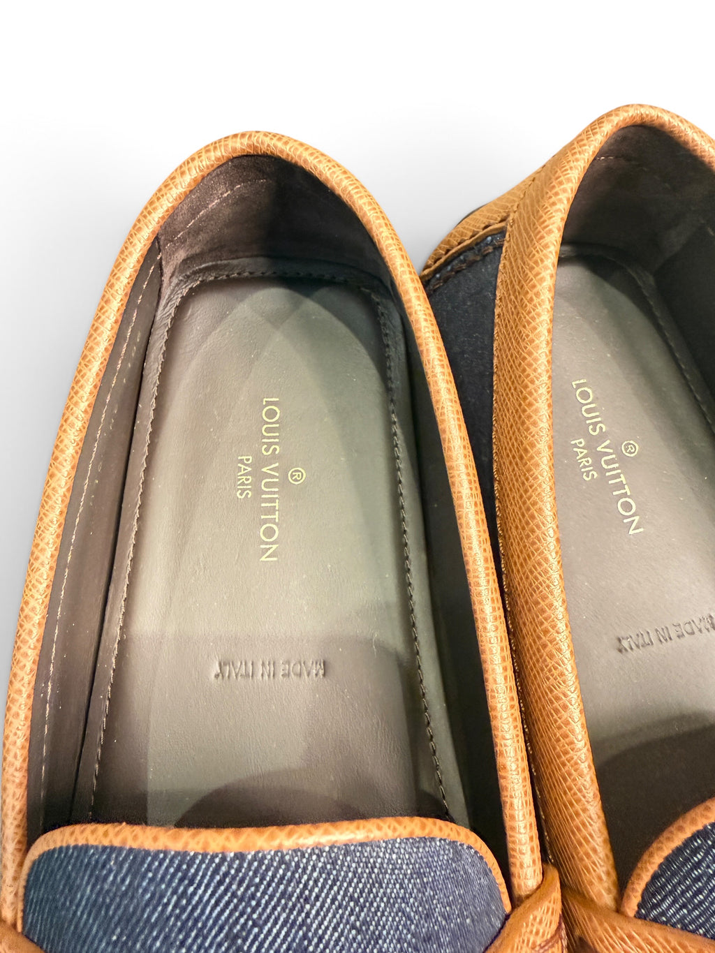 Louis Vuitton Men's Denim & Leather Driver Moccasins Navy/Brown Size US 10