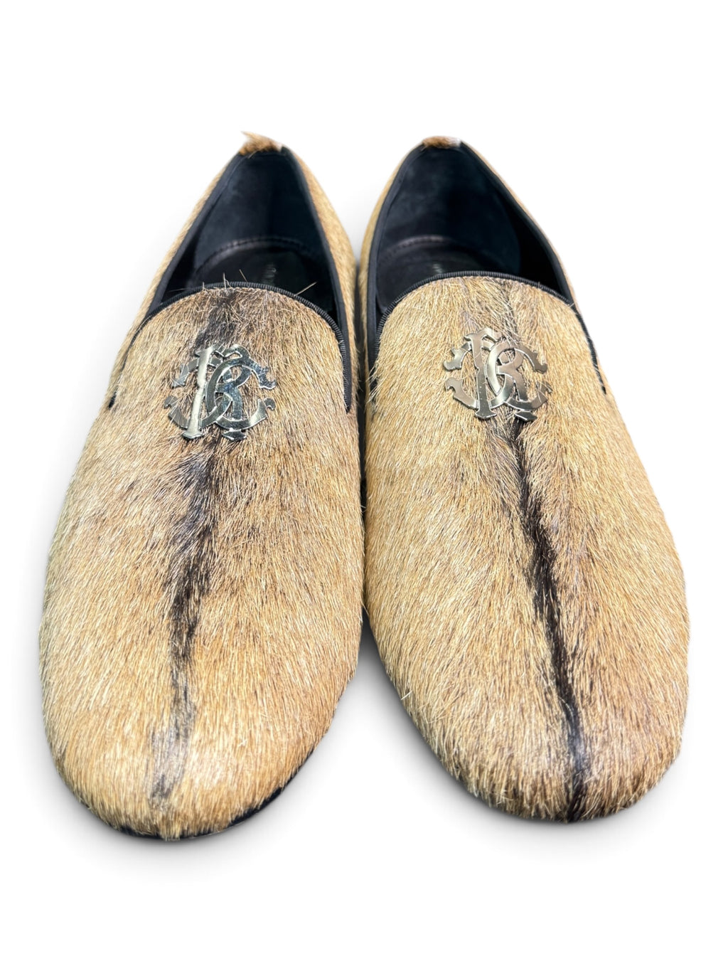 Roberto Cavalli Hair-On Goatskin Smoking Slippers Loafers Size EU 44