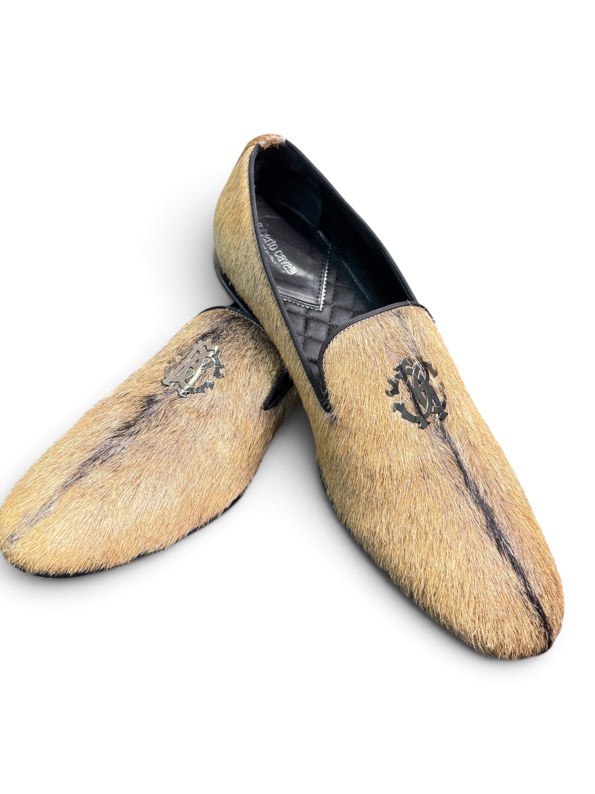 Roberto Cavalli Hair-On Goatskin Smoking Slippers Loafers Size EU 44