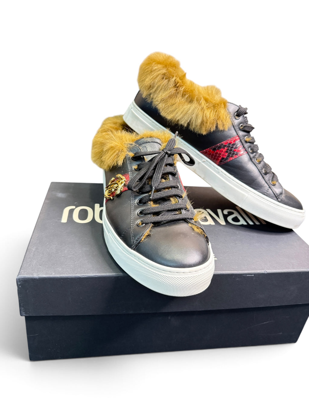 Roberto Cavalli RC100 C Leather Sneakers with Dyed Fur Trim Size EU 43.5