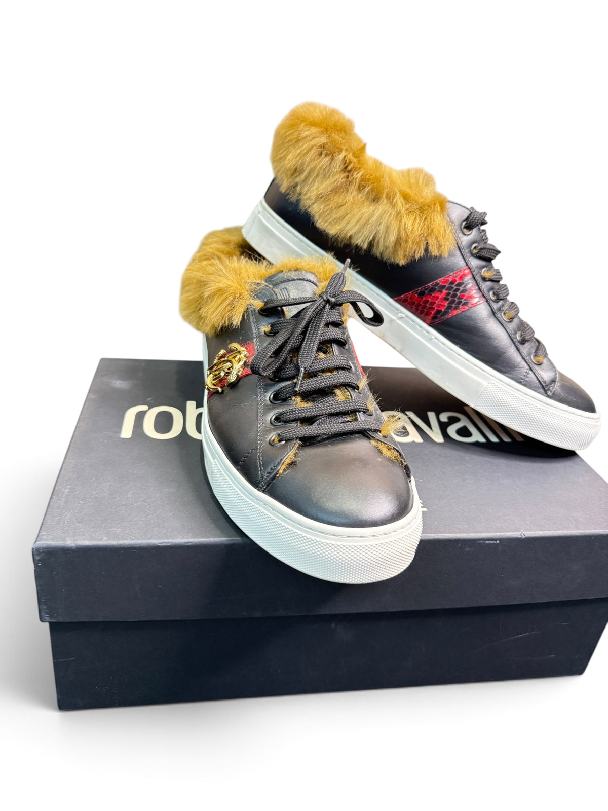 Roberto Cavalli RC100 C Leather Sneakers with Dyed Fur Trim Size EU 43.5