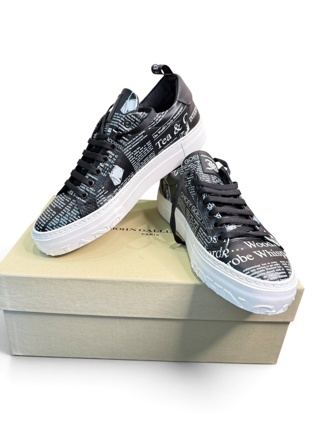 John Galliano Paris Gazette Newspaper Print Leather Sneakers Size EU 40