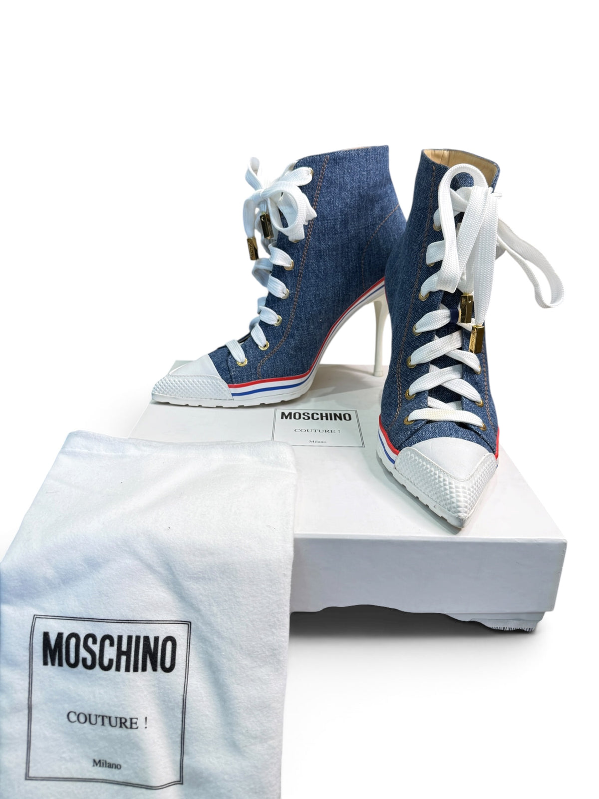 Moschino Couture Denim Lace-Up High Heel Sneaker Boots Size EU 40
