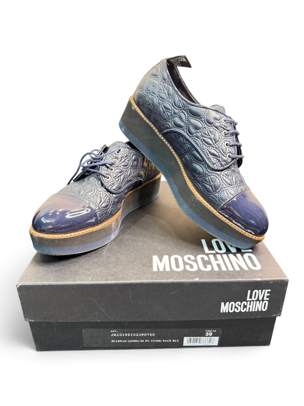 Love Moschino Quilted Platform Oxford Shoes Navy Size EU 39