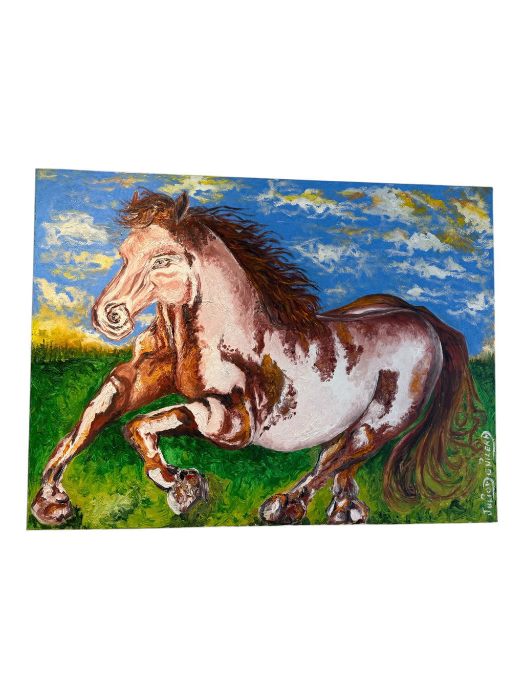 Julio Aguilera “One Pinto Horse” – Oil on Canvas, 48 × 36 in, 2023