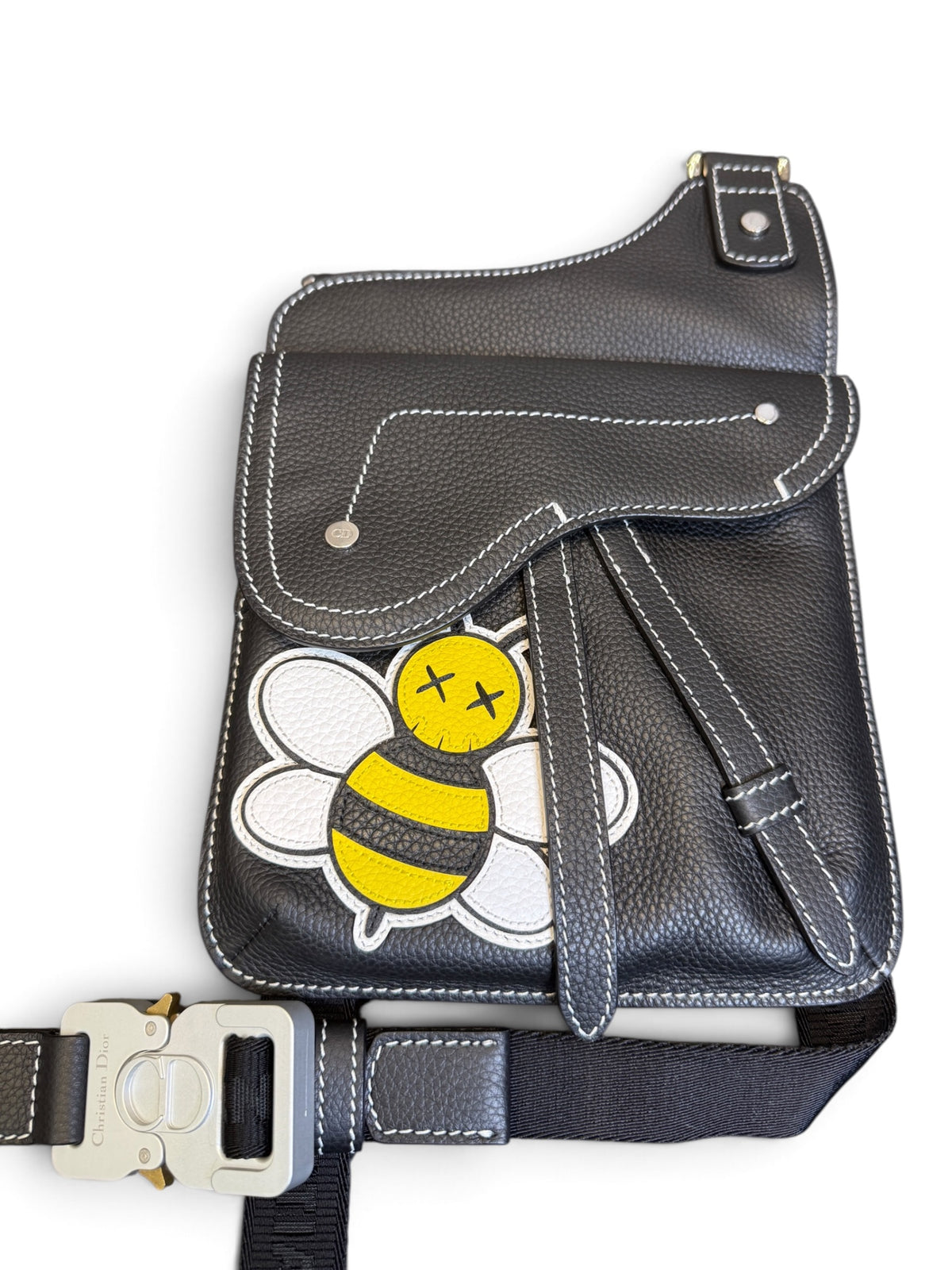 Dior x KAWS Men's Saddle Side Bag – Black Leather with Bee Appliqué