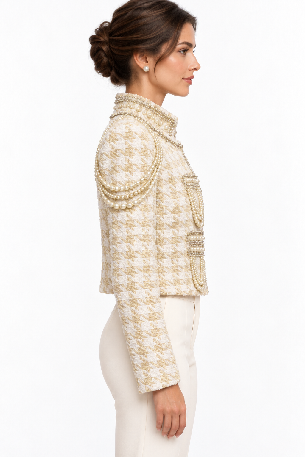 BLITHE Ivory & Gold Tweed Jacket with Pearl Embellishments